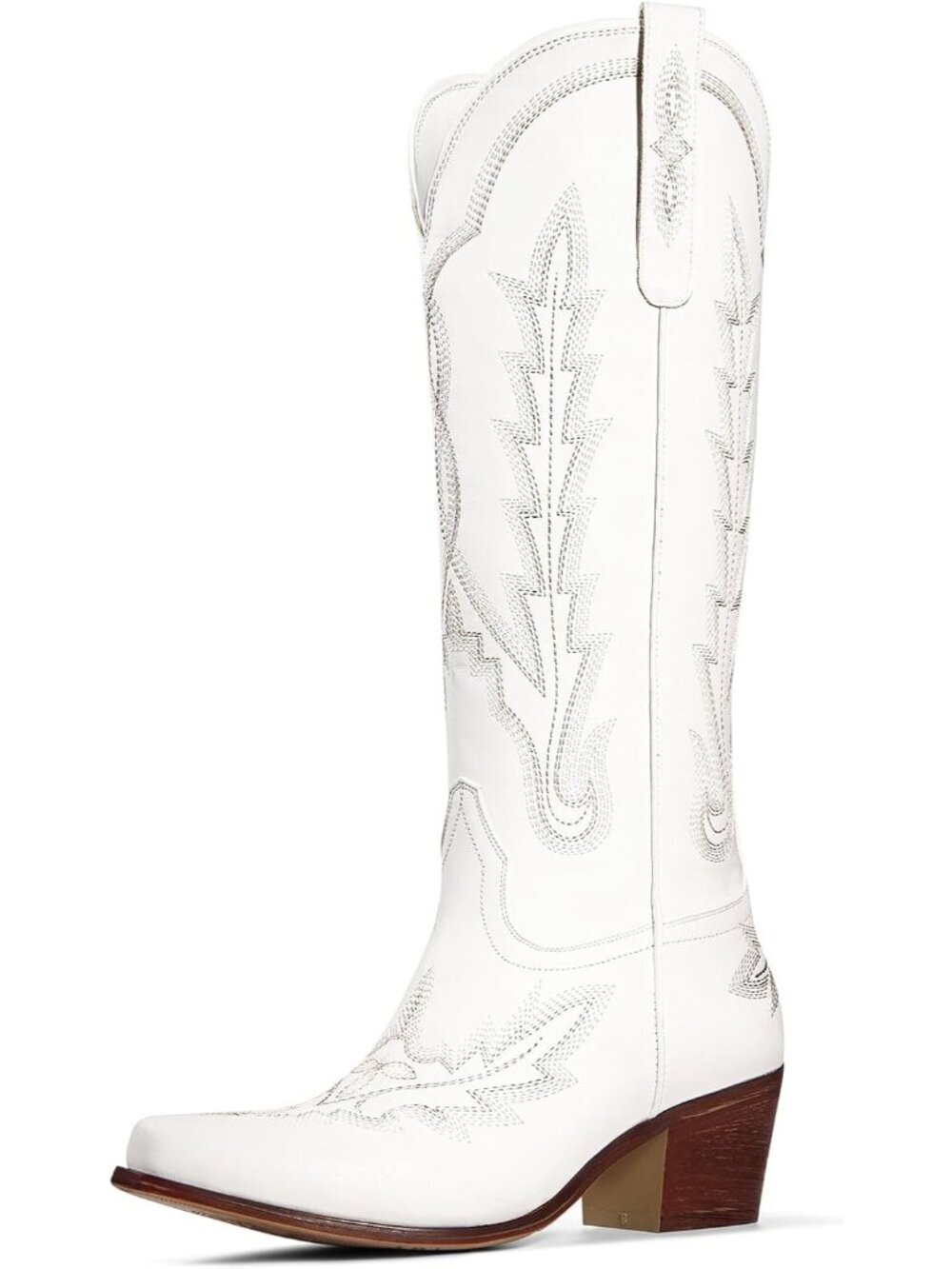 Women's White Knee High Classic Embroidered Pull On Pointed Toe Chunky Heel Boot